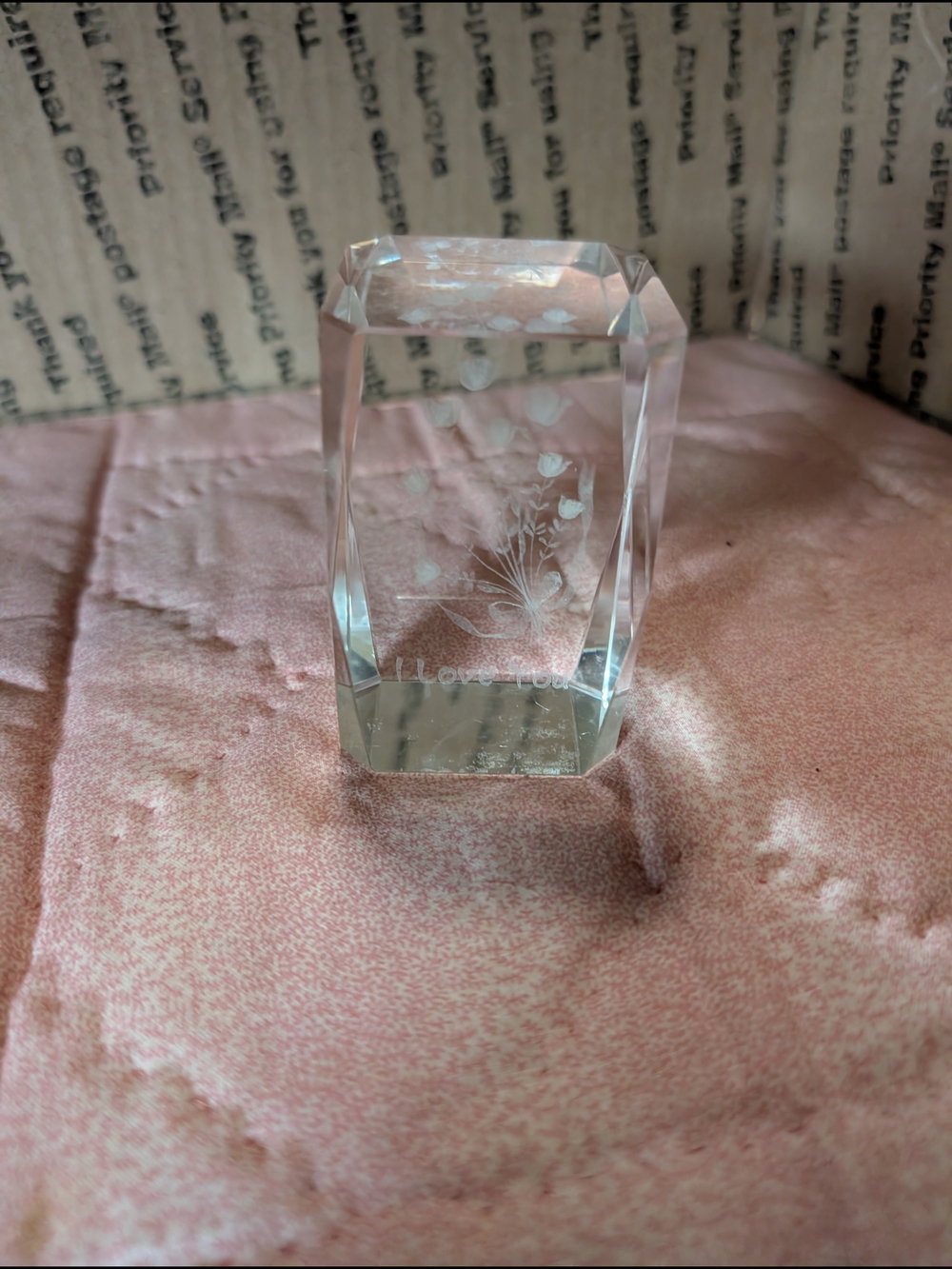 Clear Glass Crystal Paperweight with Floral Etching - White